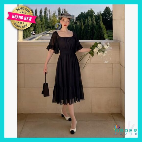 Boho Off Shoulder Midi Dress Ruffle Sleeve Smocked Elastic Waist Flowy Summer - Picture 2 of 7